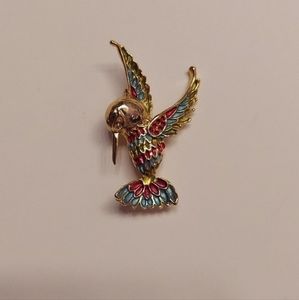 Vintage 80s Hummingbird Brooch Pin Gold Tone Red & Sea Blue Enamel Pin NWOT
